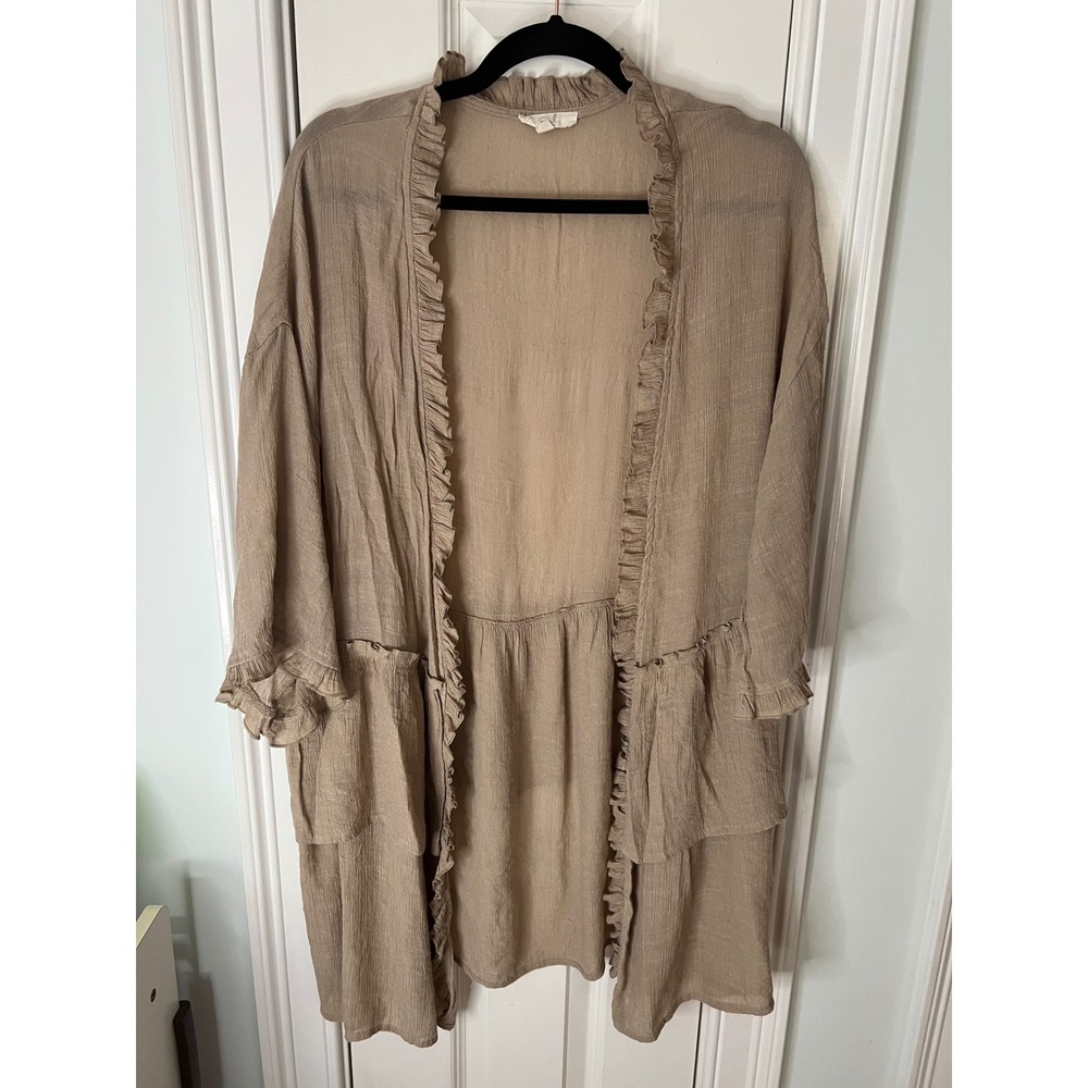 Easel Los Angeles Ruffle Tiered Kimono Cardigan Taupe Tan Tencel Boho ET3297 M